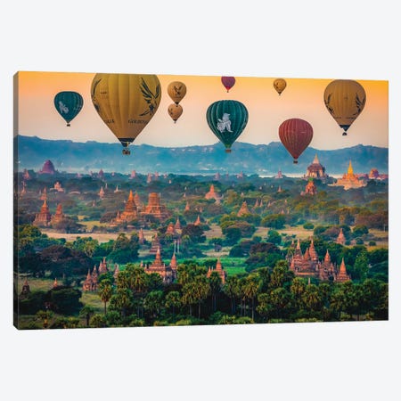 Myanmar Old Bagan Temples Hot Air Balloon I Canvas Print #AGP117} by Alex G Perez Canvas Artwork