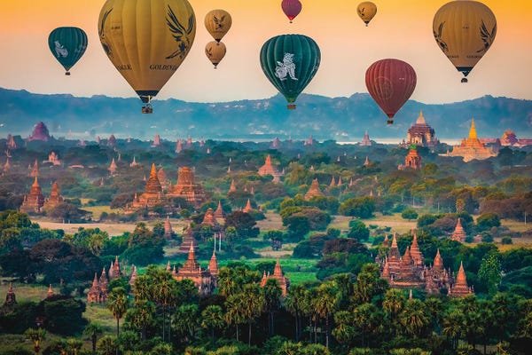 Hot Air Balloons: Myanmar Old Bagan Temples Hot Air Balloon I by Alex G Perez