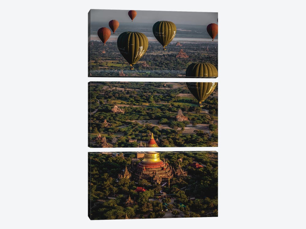 Myanmar Old Bagan Temples Hot Air Balloon II by Alex G Perez 3-piece Canvas Print