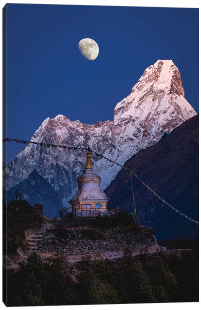 Nepal Himalayas Mount Everest And Moon Blue Hour I Canvas Art Print - The Himalayas