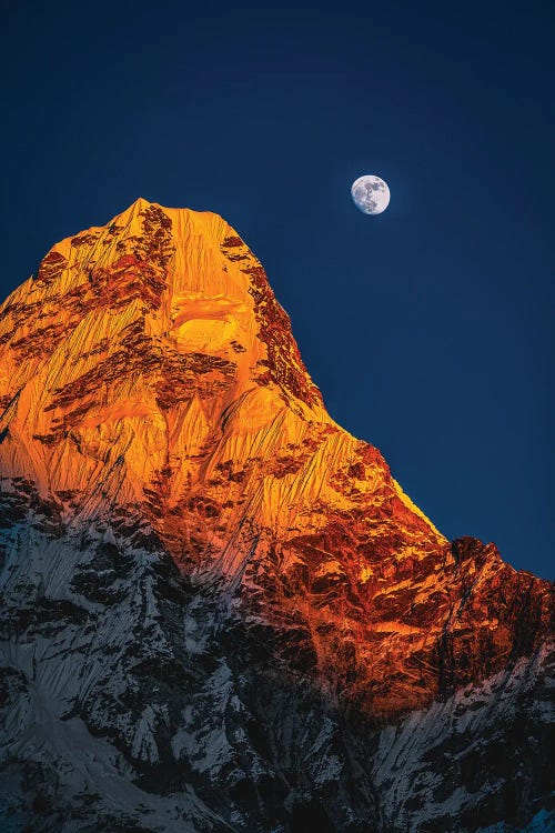 Nepal Himalayas Mount Everest And Moon Blue Hour II