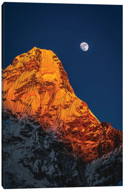 Nepal Himalayas Mount Everest And Moon Blue Hour II Canvas Art Print - Asia Art