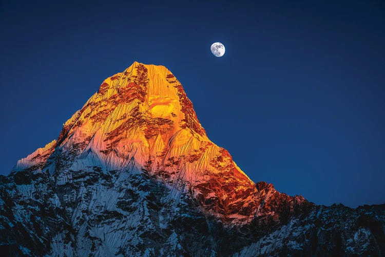 Nepal Himalayas Mount Everest And Moon Blue Hour III