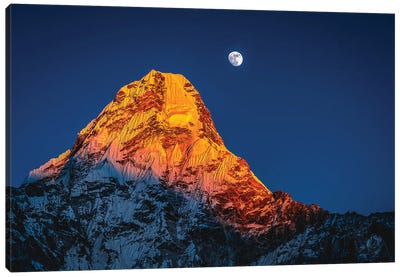 Nepal Himalayas Mount Everest And Moon Blue Hour III Canvas Art Print - Mount Everest Art