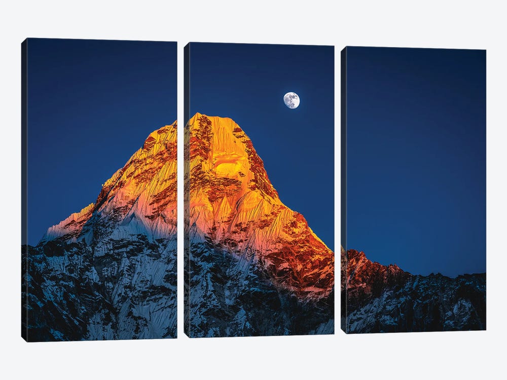 Nepal Himalayas Mount Everest And Moon Blue Hour III by Alex G Perez 3-piece Canvas Print