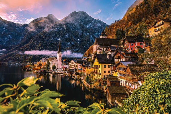 Mountain Sunrises & Sunsets: Austrai Hallstatt Lakeside Village Sunset I by Alex G Perez
