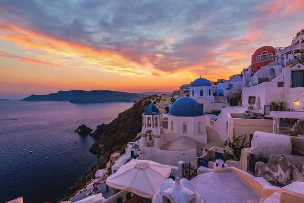 City Sunrises & Sunsets: Greece Santorini Blue Dome Sunset by Alex G Perez