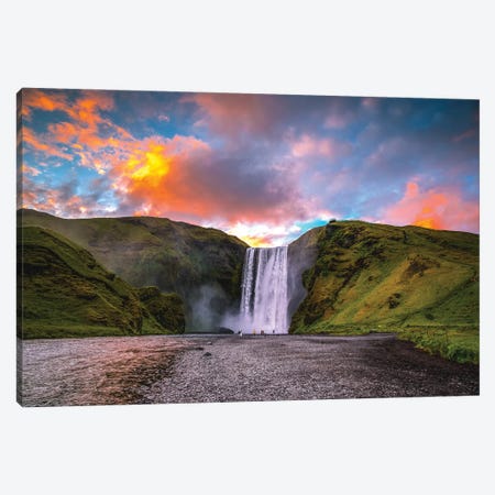 Iceland Skógafoss Waterfall Sunset Canvas Print #AGP169} by Alex G Perez Canvas Artwork