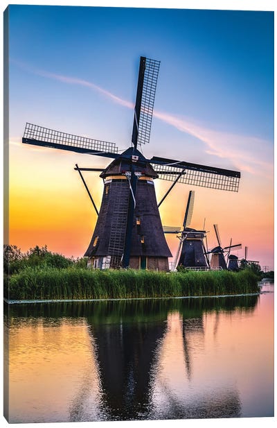 Natherlands Canal Windmill Sunset Canvas Art Print - Watermill & Windmill Art