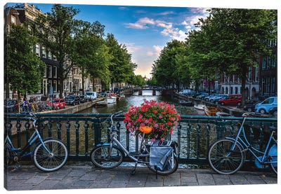 Netherlands Amsterdam Canal Bikes Canvas Art Print - Urban River, Lake & Waterfront Art