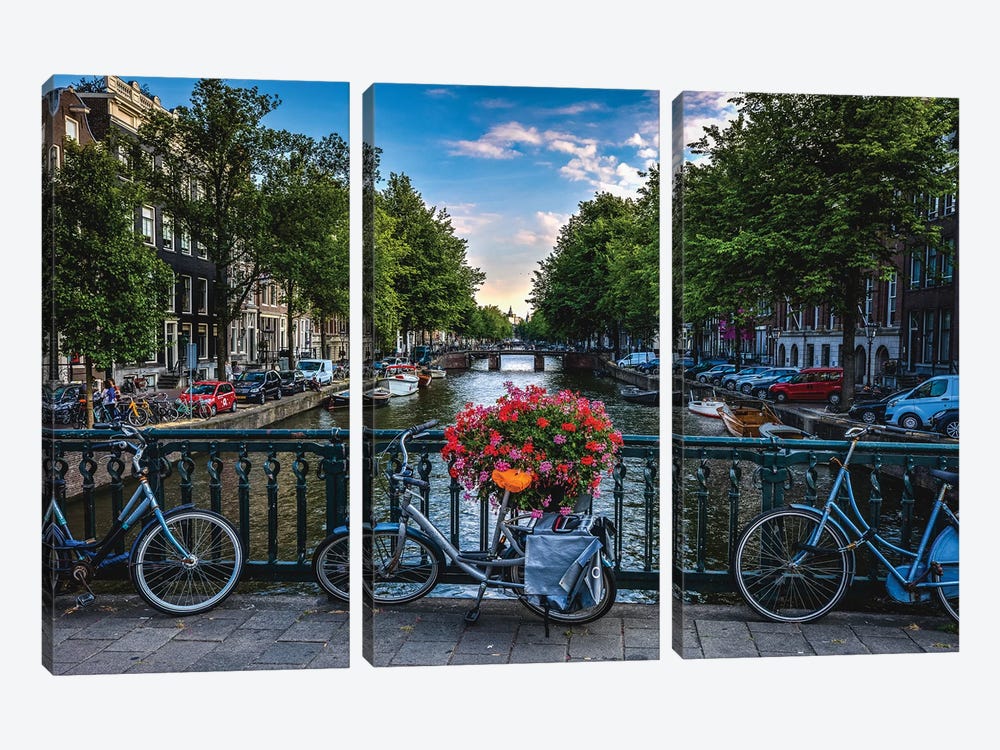 Netherlands Amsterdam Canal Bikes 3-piece Canvas Wall Art