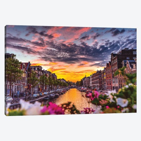 Netherlands Amsterdam Canal Sunset I Canvas Print #AGP195} by Alex G Perez Canvas Artwork