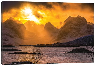 Norway Loften Islands Mountain Sunset Canvas Art Print - Island Art