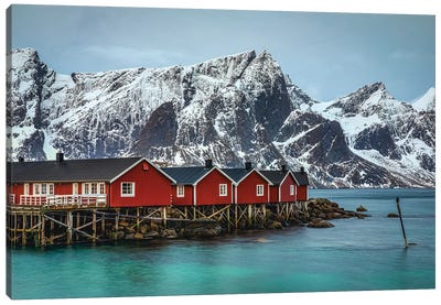 Norway Loften Islands Red Cabin Beautiful Mountain I Canvas Art Print - Lofoten