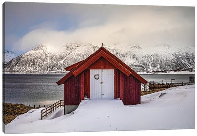 Norway Loften Islands Red Cabin Beautiful Mountain IV Canvas Art Print - Alex G Perez