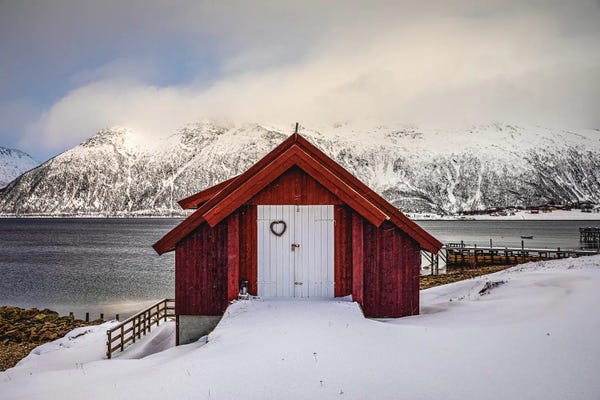 Lofoten: Norway Loften Islands Red Cabin Beautiful Mountain IV by Alex G Perez
