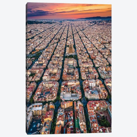 Spain Barcelona Cityscape Cityscape Grid From Above Sunset Canvas Print #AGP245} by Alex G Perez Canvas Artwork