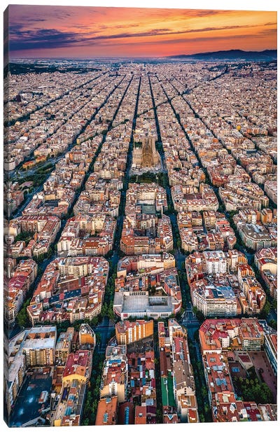Spain Barcelona Cityscape Cityscape Grid From Above Sunset Canvas Art Print - City Sunrise & Sunset Art