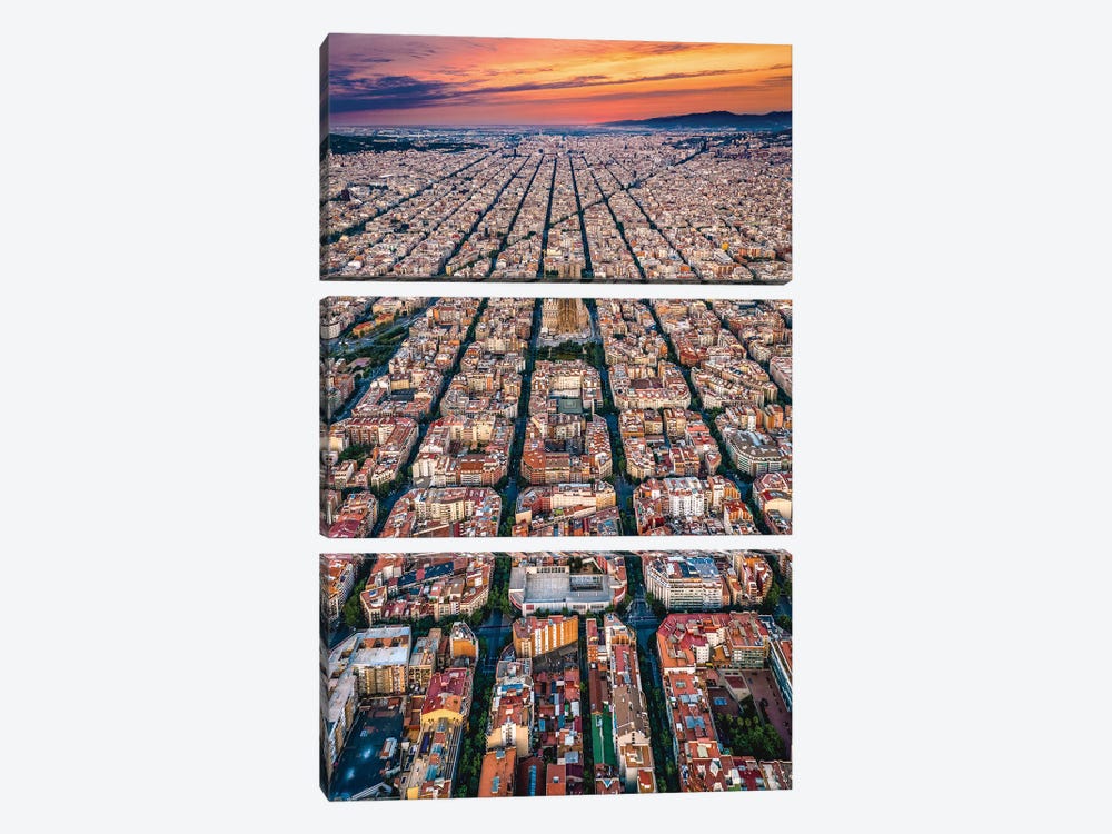 Spain Barcelona Cityscape Cityscape Grid From Above Sunset by Alex G Perez 3-piece Canvas Art Print