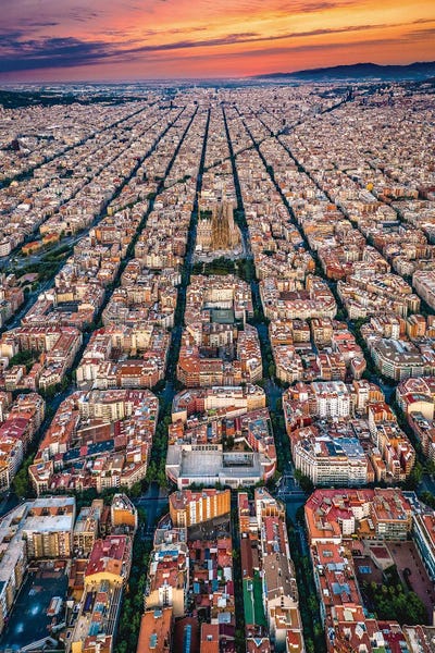 Alex G Perez: Spain Barcelona Cityscape Cityscape Grid From Above Sunset by Alex G Perez