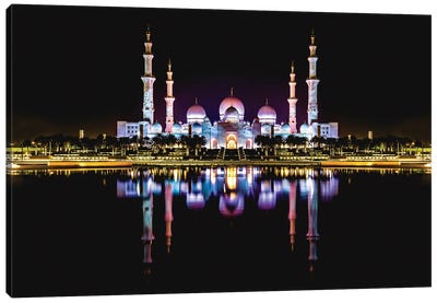 Dubai Temple Mosque Nighttime Reflections Canvas Art Print - United Arab Emirates Art