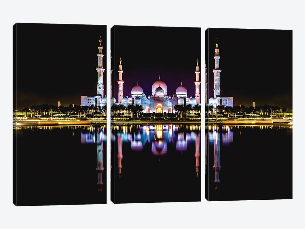 Dubai Temple Mosque Nighttime Reflections by Alex G Perez 3-piece Art Print