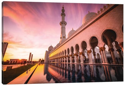 Dubai Temple Mosque Sunset Reflection Canvas Art Print - Dubai Art