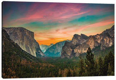 California Yosemite Valley Tunnel View Sunset Canvas Art Print - Mountains Scenic Photography