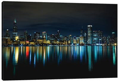Chicago Nighttime Skyline Reflections Canvas Art Print - Illinois Art