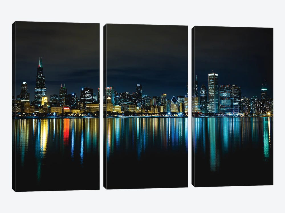 Chicago Nighttime Skyline Reflections by Alex G Perez 3-piece Canvas Print