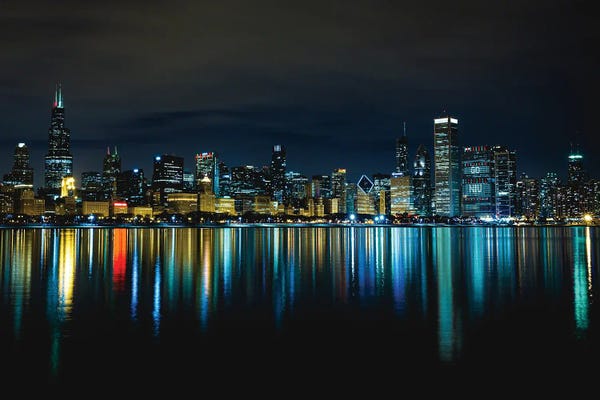 Chicago: Chicago Nighttime Skyline Reflections by Alex G Perez