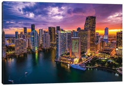 Florida Miami Downtown Skyline Sunset Cityscape I Canvas Art Print - Sunrises & Sunsets Scenic Photography