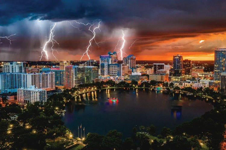 Florida Orlando Downtwon Lake Eola Lgihtning Storm From Above