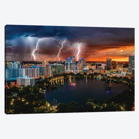 Florida Orlando Downtwon Lake Eola Lgihtning Storm From Above Canvas Print #AGP278} by Alex G Perez Canvas Art