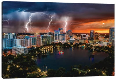 Florida Orlando Downtwon Lake Eola Lgihtning Storm From Above Canvas Art Print - Orlando Art