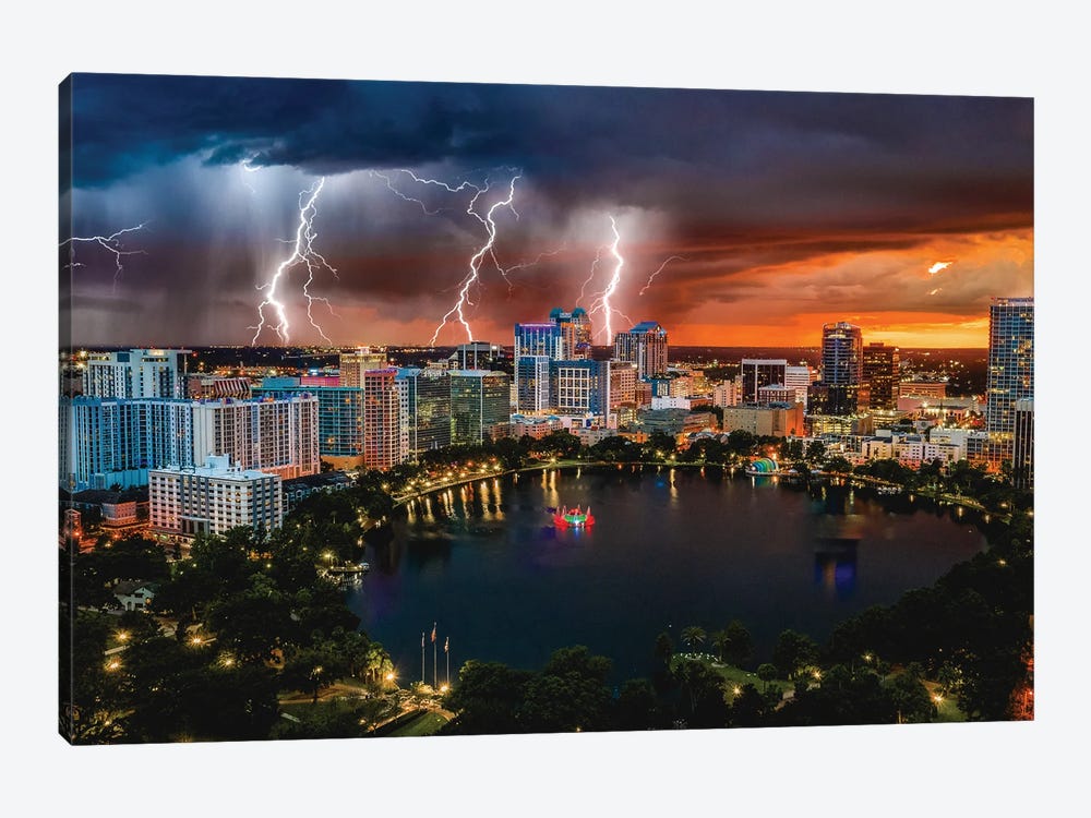 Florida Orlando Downtwon Lake Eola Lgihtning Storm From Above by Alex G Perez 1-piece Canvas Art Print