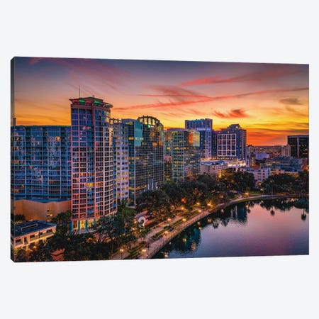 Florida Orlando Downtwon Lake Eola Skyline Sunset Cityscape Canvas Print #AGP279} by Alex G Perez Canvas Wall Art