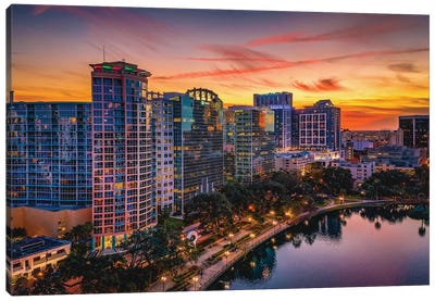 Florida Orlando Downtwon Lake Eola Skyline Sunset Cityscape Canvas Art Print - Orlando Art