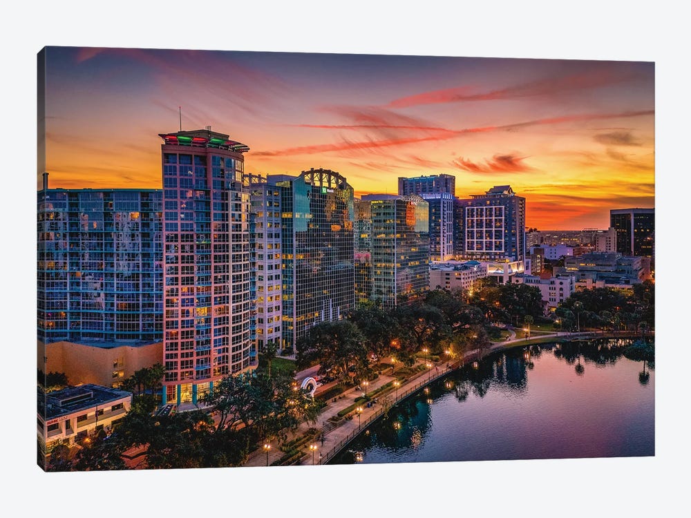 Florida Orlando Downtwon Lake Eola Skyline Sunset Cityscape 1-piece Canvas Artwork