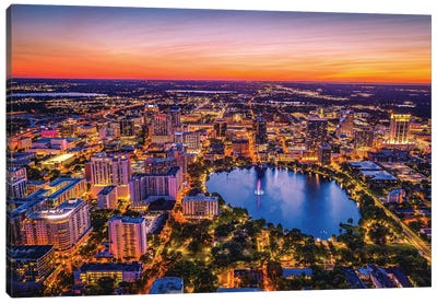 Florida Orlando Downtwon Sunset Lake Eola From Above Canvas Art Print - City Sunrise & Sunset Art