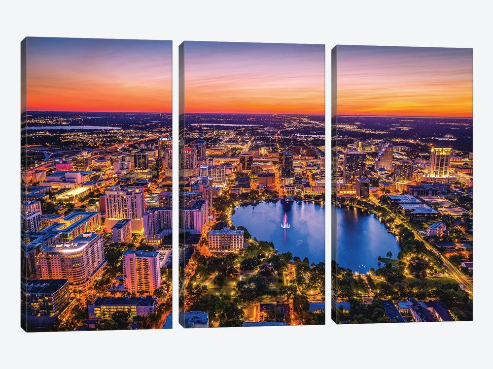 Florida Orlando Downtwon Sunset Lake Eola From Above by Alex G Perez 3-piece Canvas Art