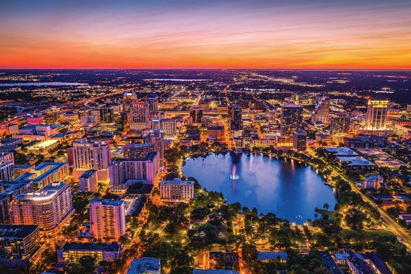 Orlando: Florida Orlando Downtwon Sunset Lake Eola From Above by Alex G Perez