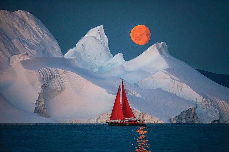 Greenland Arctic Ice Berg Red Sail Boat Full Blood Moon I