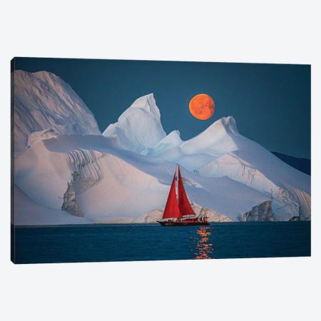 Greenland Arctic Ice Berg Red Sail Boat Full Blood Moon I Canvas Print #AGP283} by Alex G Perez Canvas Print