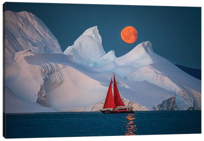 Greenland Arctic Ice Berg Red Sail Boat Full Blood Moon I Canvas Art Print - Greenland
