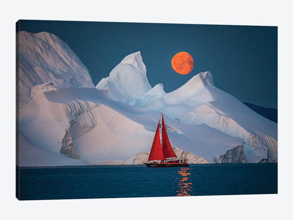 Greenland Arctic Ice Berg Red Sail Boat Full Blood Moon I by Alex G Perez 1-piece Canvas Art Print