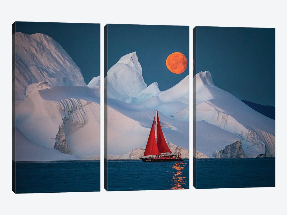 Greenland Arctic Ice Berg Red Sail Boat Full Blood Moon I by Alex G Perez 3-piece Art Print