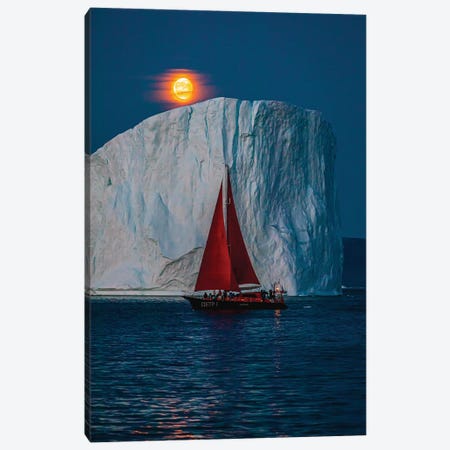 Greenland Arctic Ice Berg Red Sail Boat Full Blood Moon II Canvas Print #AGP284} by Alex G Perez Canvas Artwork