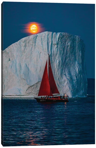 Greenland Arctic Ice Berg Red Sail Boat Full Blood Moon II Canvas Art Print - Glacier & Iceberg Art