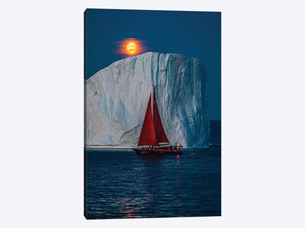 Greenland Arctic Ice Berg Red Sail Boat Full Blood Moon II by Alex G Perez 1-piece Canvas Art